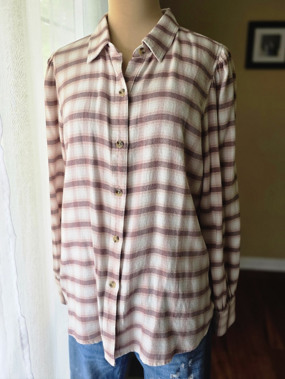 Rails Angelica Mauve Pink Plaid Flannel Button Up Bishop Puff Sleeve Large